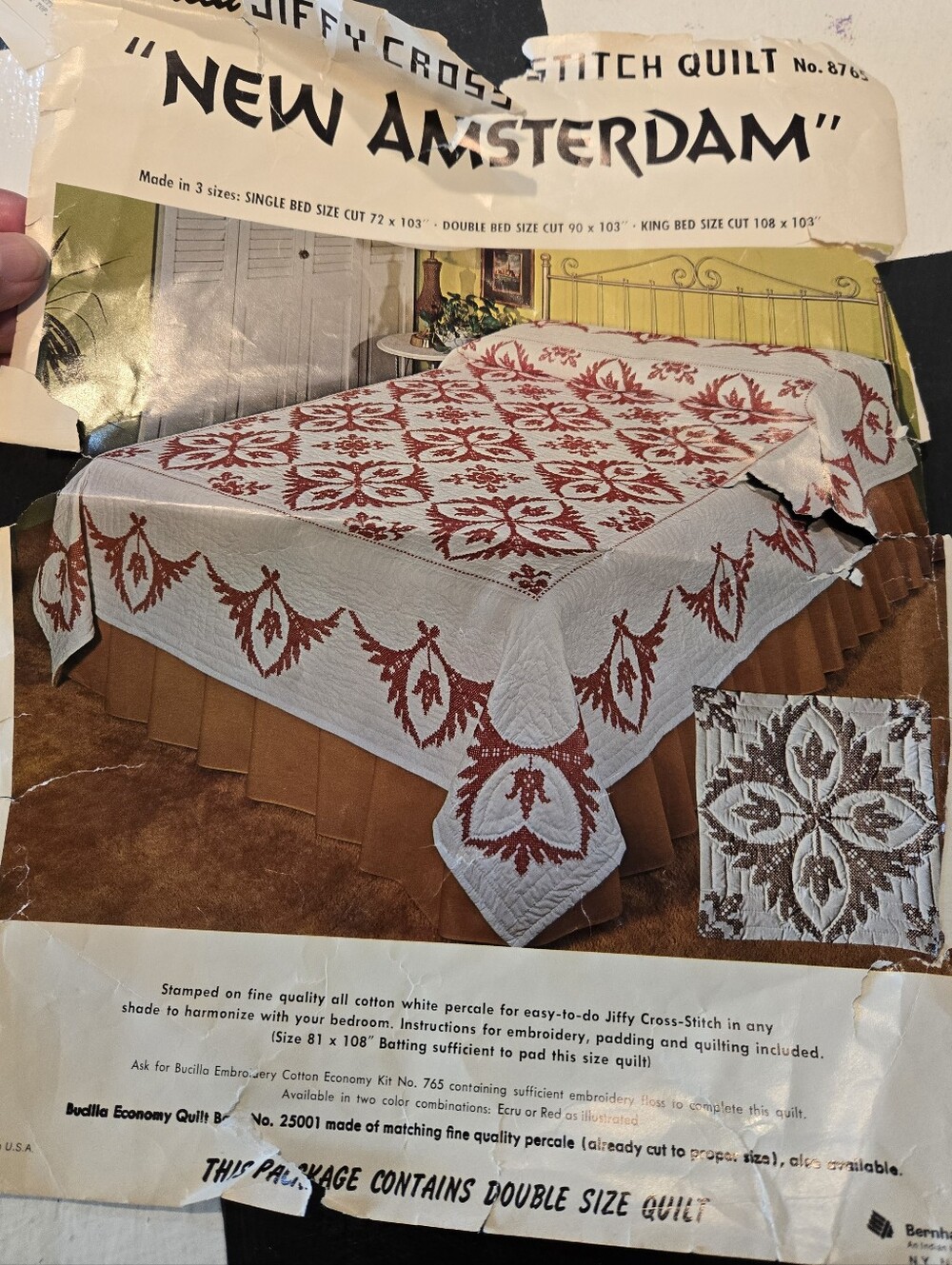 Vtg Cross Stitch Quilt Kit Panels Red Embroidery